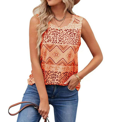 Women's Sleeveless Tank Tops Printed Loose Casual Blouse Crew Neck Tops