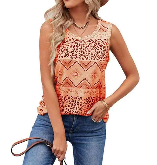 Women's Sleeveless Tank Tops Printed Loose Casual Blouse Crew Neck Tops