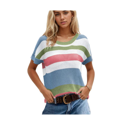 Women Summer Crew Neck Color Block Tops Knitted Short Sleeve Casaul Loose Blouses