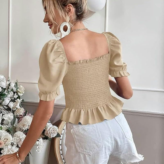 Women's Ruffle Smock Crop Top Square Neck Puff Short Sleeve Slim Fit Shirt