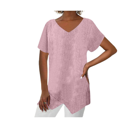 Womens Short Sleeve V Neck Shirts Asymmetrical Hem Cotton Linen Tops