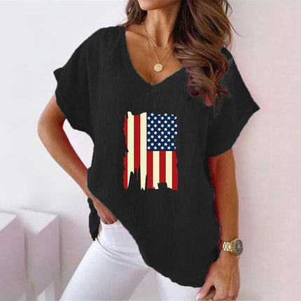 Womens Summer Short Sleeve Cotton Linen V-Neck T-Shirt Casual Loose Tops