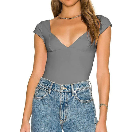 Women’s Sexy Deep V Neck Backless Crop Tops Short Sleeve Slim Fit T-Shirts