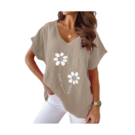 Womens Short Sleeve V Neck Shirts Asymmetrical Hem Cotton Linen Tops