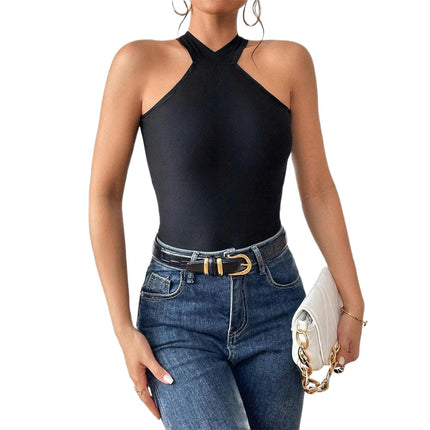 Women's Cirss Cross Tie Back Tank Top Sleeveless Halter Cropped Camisole