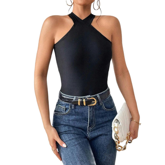 Women's Cirss Cross Tie Back Tank Top Sleeveless Halter Cropped Camisole
