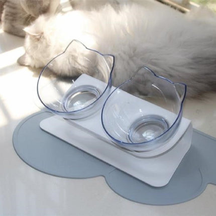 Cat Food Bowl, Double Food Water Dish Feeding Bowls for Cats and Small Dogs with Raised Stand | Non-Slip Bottom - Transparent