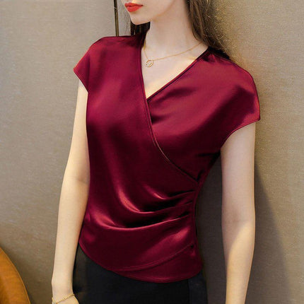 Summer New Short Sleeve V-Neck Top Women's Short T-Shirt Loose Acetate Satin Base Shirt Fashionable and Stylish
