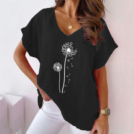 Women Summer Cotton Linen Short Sleeve V Neck Loose Fit Tops Print T-Shirts