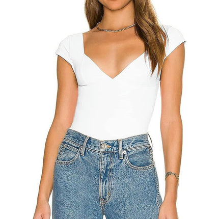 Women’s Sexy Deep V Neck Backless Crop Tops Short Sleeve Slim Fit T-Shirts