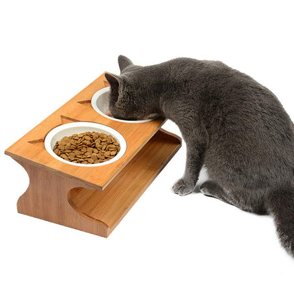 Cat Bowls, Double Cat Food Bowls with Non-Slip Bamboo Stand, Elevated Cat Bowl Raised Pet Feeder, Cat Bowls Set - with 2 Ceramic Food and Water Bowls (Classic Style)