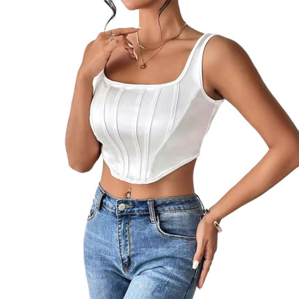 Women Sexy Satin Crop Corset Square Neck Sleeveless Bustier Slim Fit Crop Tank Top