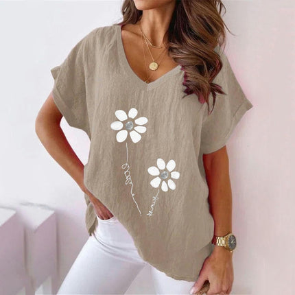 Womens Short Sleeve V Neck Shirts Asymmetrical Hem Cotton Linen Tops