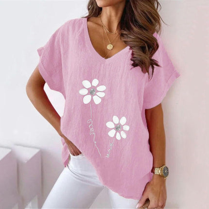 Womens Short Sleeve V Neck Shirts Asymmetrical Hem Cotton Linen Tops