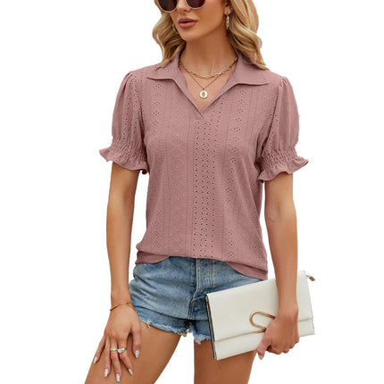 Womens Short Sleeve Summer Tops Blouse V Neck Puff Short Sleeve T Shirts