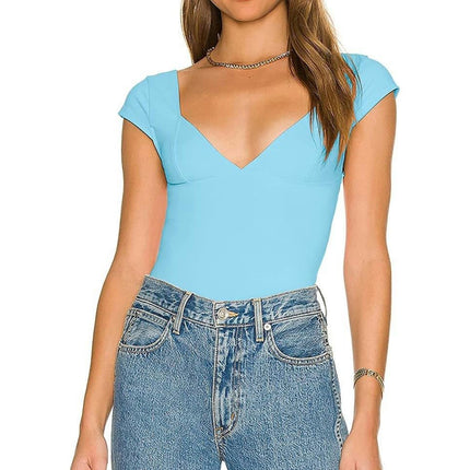 Women’s Sexy Deep V Neck Backless Crop Tops Short Sleeve Slim Fit T-Shirts