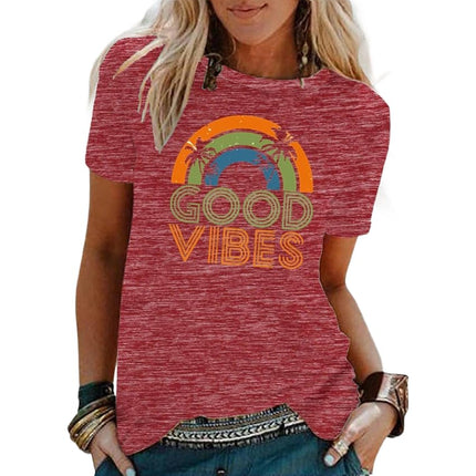 Womens Summer Round Neck Shirt Funny Letter Printed Graphic Short Sleeve Tee Tops