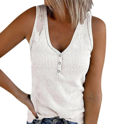 Womens Sexy V Neck Tank Tops Sleeveless Button Henley Shirts Ribbed Cami Blouses