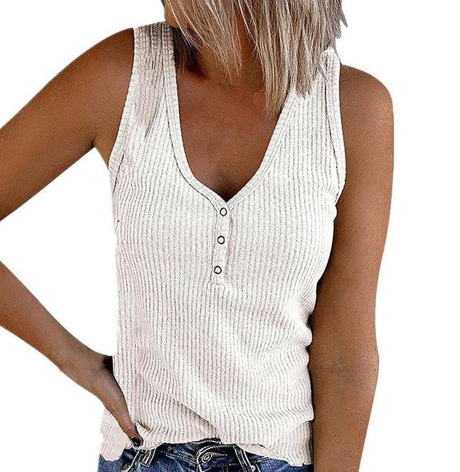 Womens Sexy V Neck Tank Tops Sleeveless Button Henley Shirts Ribbed Cami Blouses