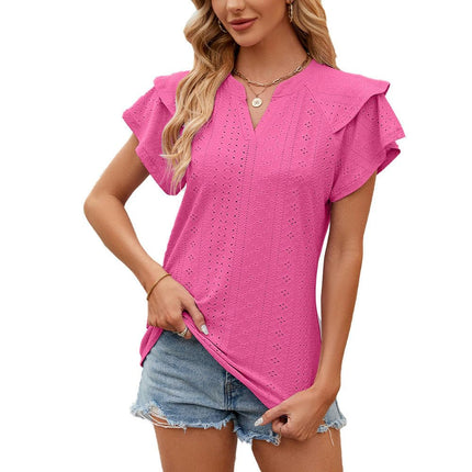 Women's Summer Tops Ruffle Short Sleeve V Neck Casual T Shirts Blouses