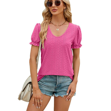 Women Tops Puff Short Sleeve Summer T Shirts Fashion V Neck Tunic Blouses