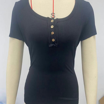 Women’s Short Sleeve T Shirts Button Down Slim Fit Tops Scoop Neck Ribbed Knit Shirts