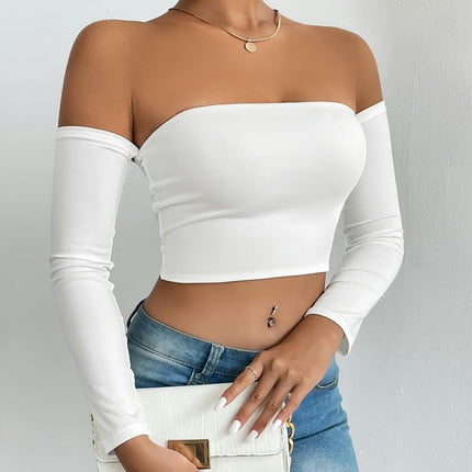 Women's Off Shoulder Long Sleeve Crop Tube Tops Slim Fit Going Out Tee