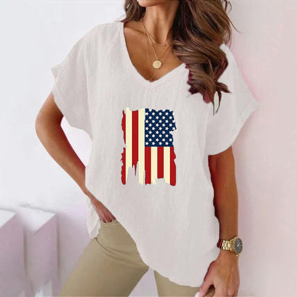 Womens Summer Short Sleeve Cotton Linen V-Neck T-Shirt Casual Loose Tops