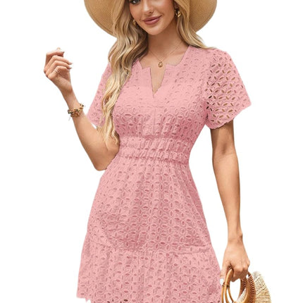 Women Summer V Neck Dress Ruffle Hem Casual Short Sleeve Mini Dresses
