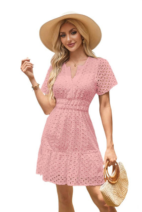 Women Summer V Neck Dress Ruffle Hem Casual Short Sleeve Mini Dresses