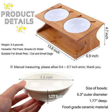 Cat Bowls, Double Cat Food Bowls with Non-Slip Bamboo Stand, Elevated Cat Bowl Raised Pet Feeder, Cat Bowls Set - with 2 Ceramic Food and Water Bowls (Classic Style)