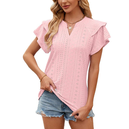 Women's Summer Tops Ruffle Short Sleeve V Neck Casual T Shirts Blouses