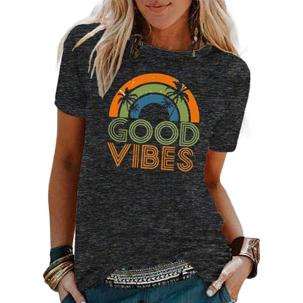 Womens Summer Round Neck Shirt Funny Letter Printed Graphic Short Sleeve Tee Tops