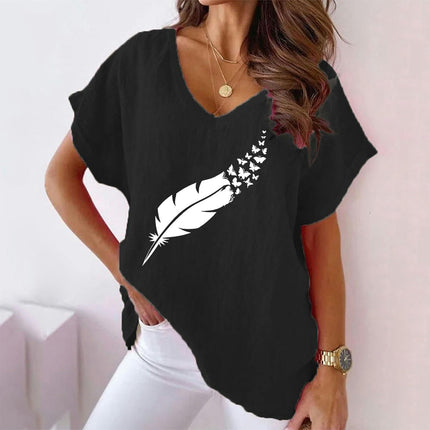 Women Summer Casual V Neck Cotton Linen Tops Loose Fit Short Sleeve Printed Tee Shirt