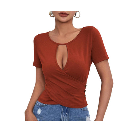 Women's Short Sleeve Crew Neck Cut Out Crop Tops Ruched Slim Fit T Shirt
