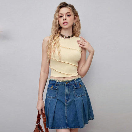 Womens Summer Crop Sleeveless Crewneck Knit Slim Fit Casual Tank Tops