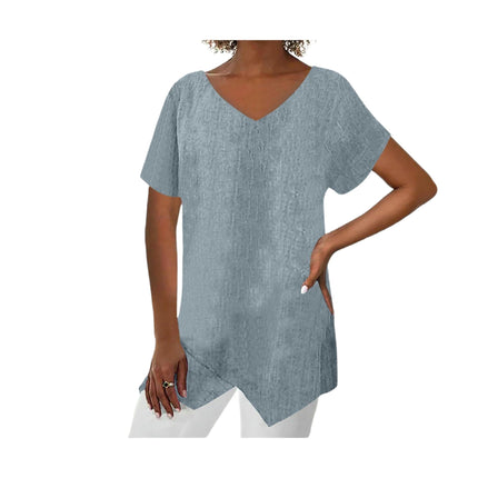 Womens Short Sleeve V Neck Shirts Asymmetrical Hem Cotton Linen Tops