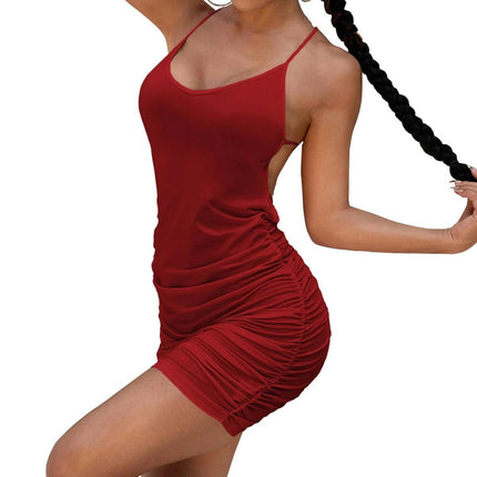 Women's Sexy Sleeveless Backless Spaghetti Strap Lace Up Ruched Bodycon Mini Club Dress