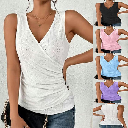 Women Summer Button Tank Top Casual V Neck Pleated Sleeveless Blouse