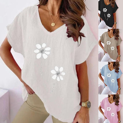 Womens Short Sleeve V Neck Shirts Asymmetrical Hem Cotton Linen Tops