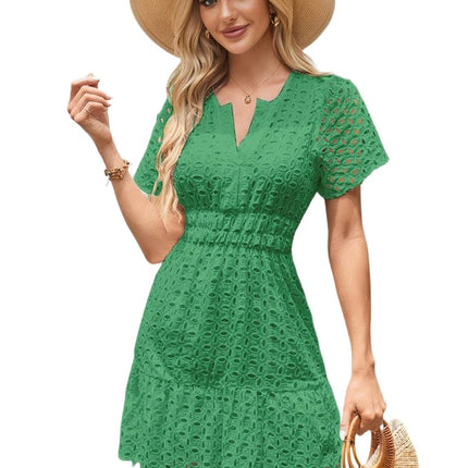 Women Summer V Neck Dress Ruffle Hem Casual Short Sleeve Mini Dresses