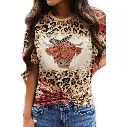 Women Round Neck Short Sleeve Cat Printed Tops Loose Fit T-Shirts