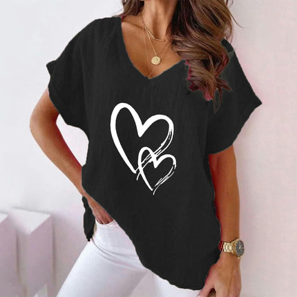 Women Casual V Neck Cotton Linen Tops Loose Fit Short Sleeve Printed Summer Tee Shirt