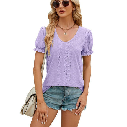 Women Tops Puff Short Sleeve Summer T Shirts Fashion V Neck Tunic Blouses