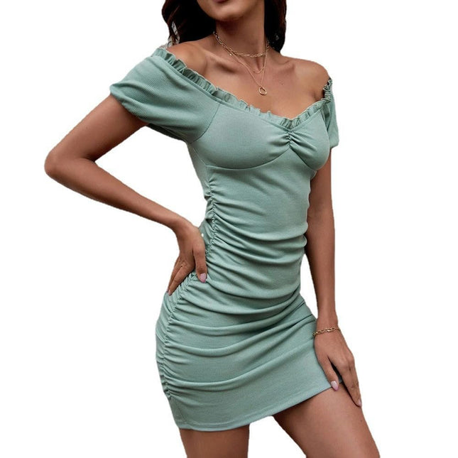 Womens Short Sleeves Summer DressOff The Shoulder Ruched Bodycon Mini Dresses