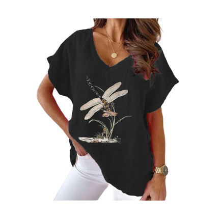 Women's Summer Cotton Linen Printed Short Sleeve Tops Casual V Neck Loose Fit T-Shirt