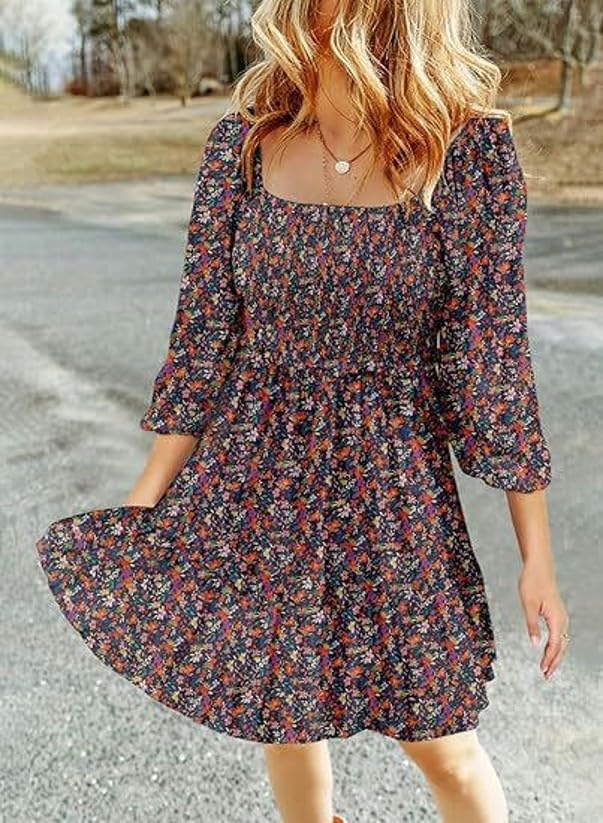 Women's Summer Dresses 3/4 Sleeve Square Neck Flowy A Line Casual Boho Smocked Mini Dress