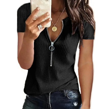 Women's Casual Waffle Tops Short Sleeve Zip Up V Neck T Shirt Blouse