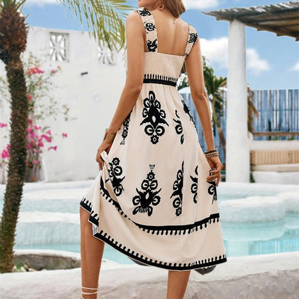 Women's Summer Flowy Midi Dress Casual Sleeveless Wide Strap Print A Line Dresses