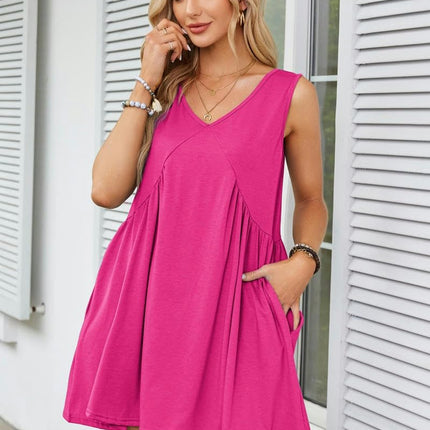 Women's Casual Summer Dress V Neck Sleeveless Loose Pleated Ruffle Flowy Dresses